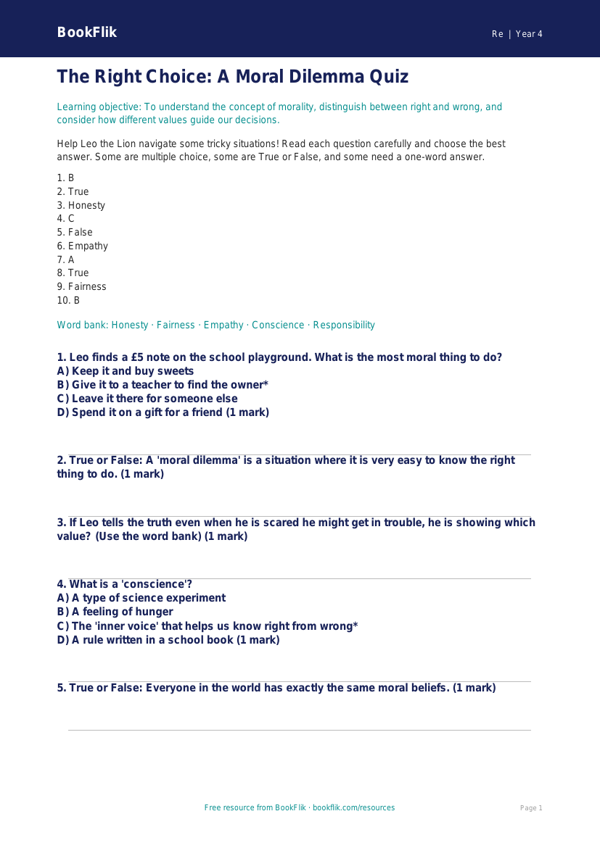 Free Moral Questions Quiz | Class 4 | EVS / Moral Education | BookFlik worksheet preview — Re Moral Questions