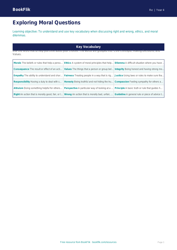 Free Moral Questions Word Mat | Class 4 | EVS / Moral Education | BookFlik worksheet preview — Re Moral Questions