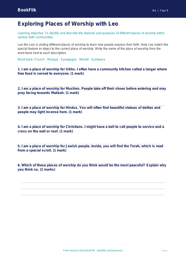 Free Places Of Worship Activity Sheet | Class 4 | EVS / Moral Education | BookFlik worksheet preview — Re Places Of Worship