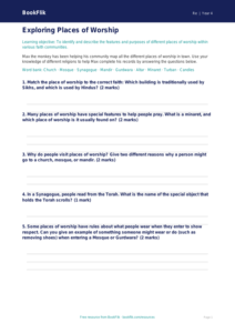 Free Places Of Worship Worksheet | Class 4 | EVS / Moral Education | BookFlik
