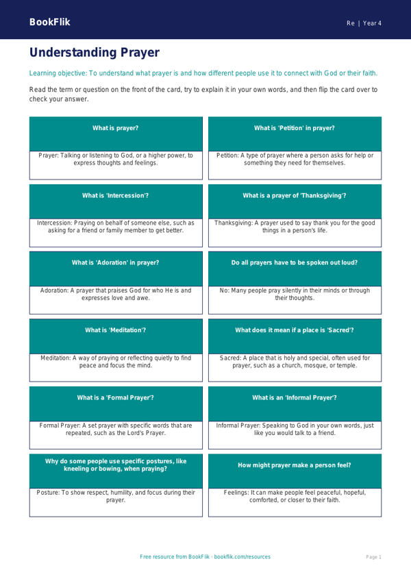 Free Prayer Flashcards | Class 4 | EVS / Moral Education | BookFlik worksheet preview — Re Prayer