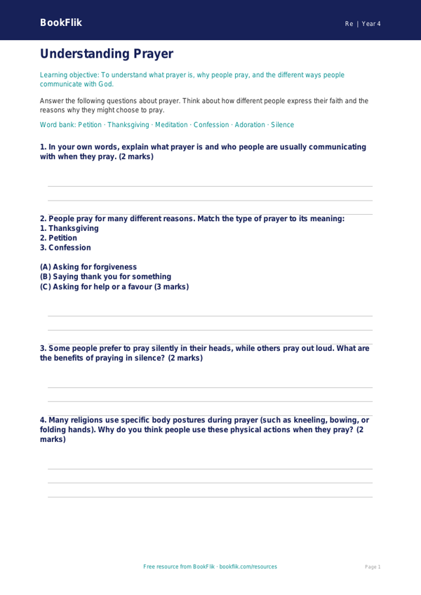 Free Prayer Worksheet | Class 4 | EVS / Moral Education | BookFlik worksheet preview — Re Prayer