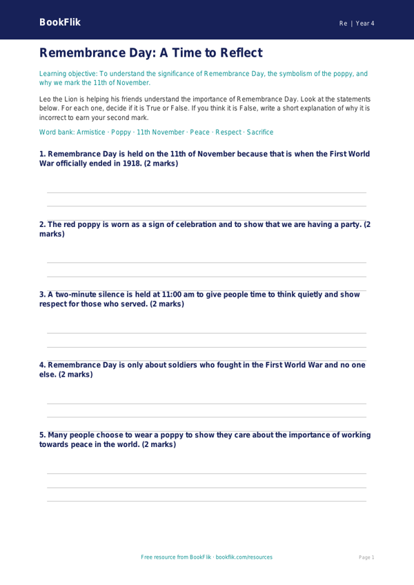 Remembrance Day Activity Sheet | Class 4 | EVS / Moral Education | BookFlik worksheet preview — Re Remembrance Day