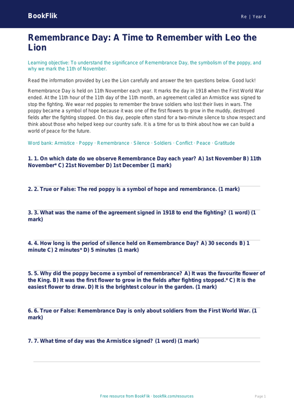 Free Remembrance Day Quiz | Class 4 | EVS / Moral Education | BookFlik worksheet preview — Re Remembrance Day