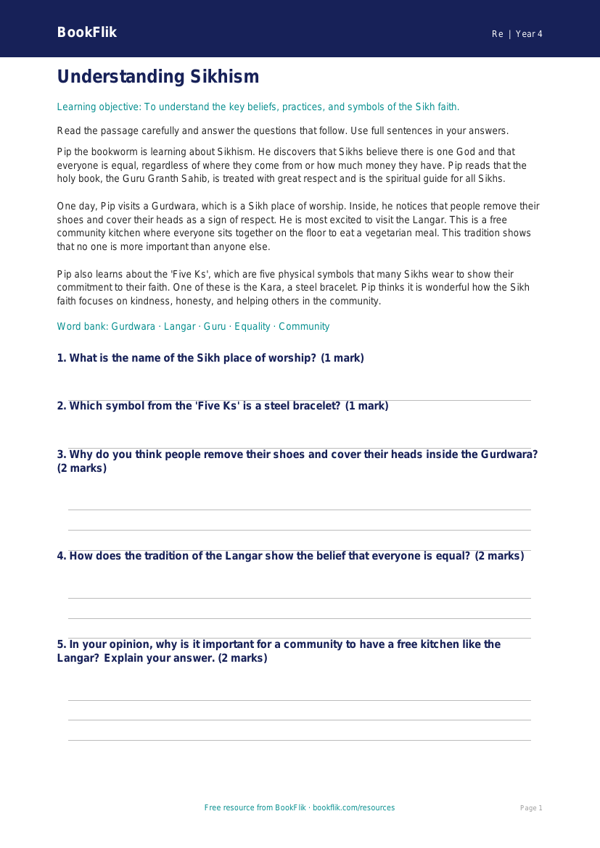 Free Sikhism Comprehension | Class 4 | EVS / Moral Education | BookFlik worksheet preview — Re Sikhism