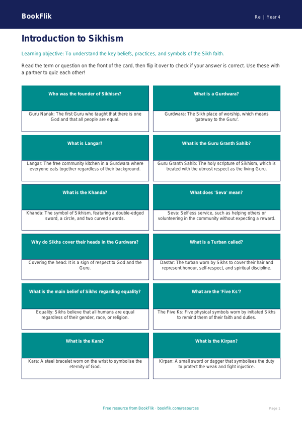 Free Sikhism Flashcards | Class 4 | EVS / Moral Education | BookFlik worksheet preview — Re Sikhism