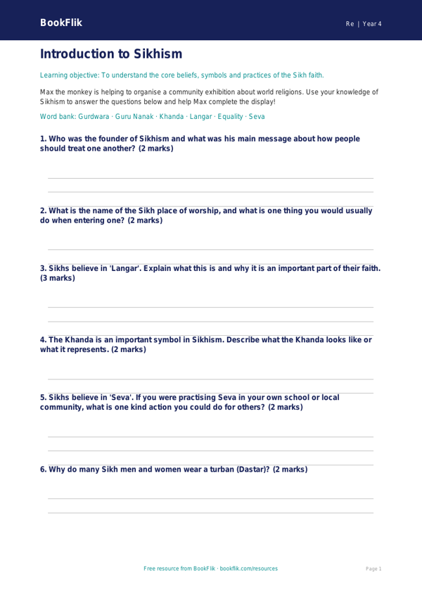 Free Sikhism Worksheet | Class 4 | EVS / Moral Education | BookFlik worksheet preview — Re Sikhism