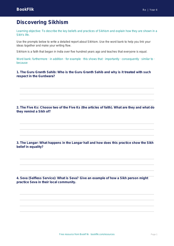 Free Sikhism Writing Frame | Class 4 | EVS / Moral Education | BookFlik worksheet preview — Re Sikhism