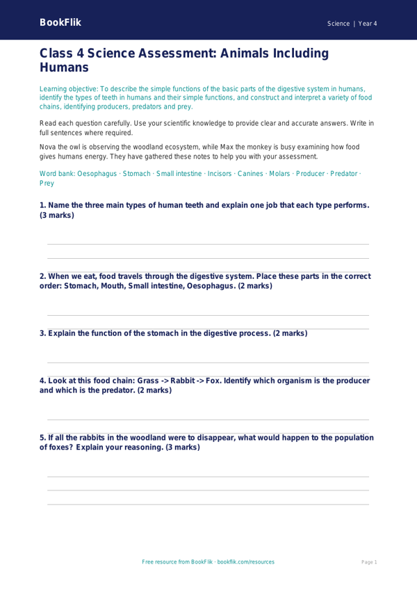 Free Animals Including Humans Assessment | Class 4 | Science | BookFlik worksheet preview — Science Animals Including Humans