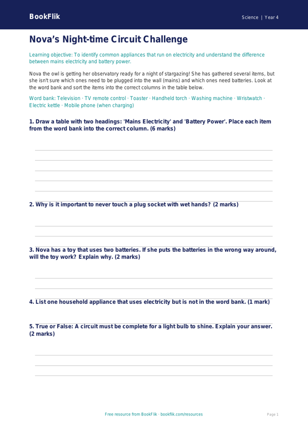 Free Electricity Activity Sheet | Class 4 | Science | BookFlik worksheet preview — Science Electricity