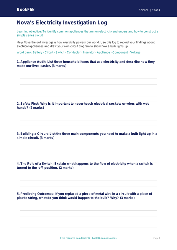 Free Electricity Template | Class 4 | Science | BookFlik worksheet preview — Science Electricity