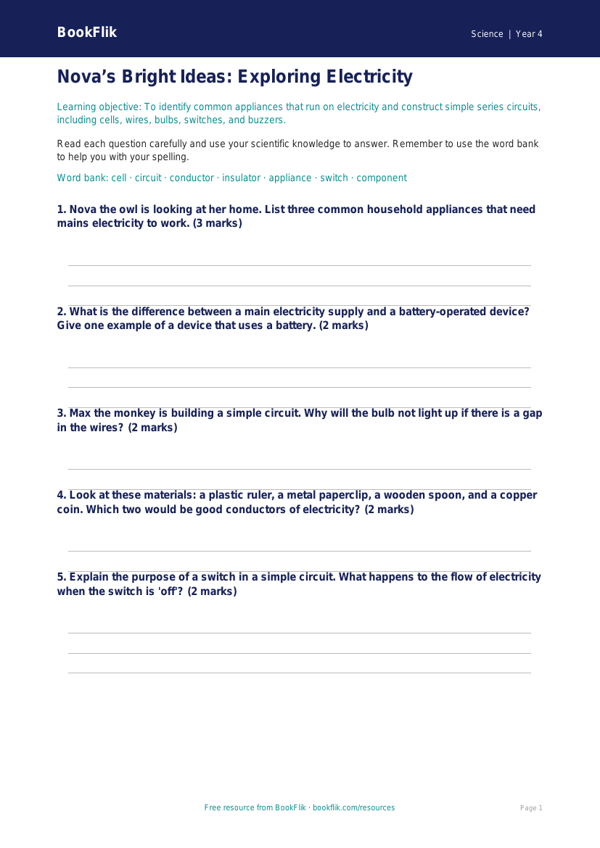 Free Electricity Worksheet | Class 4 | Science | BookFlik worksheet preview — Science Electricity