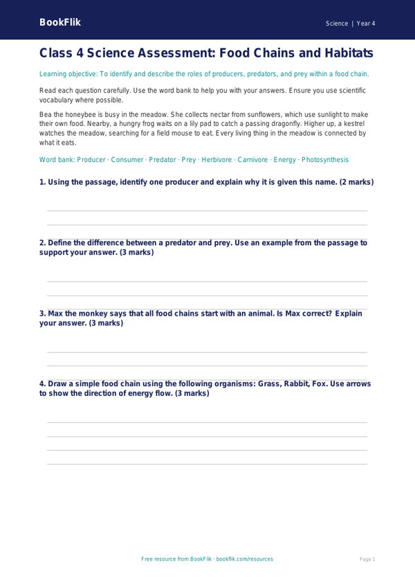 Free Food Chains Assessment | Class 4 | Science | BookFlik worksheet preview — Science Food Chains