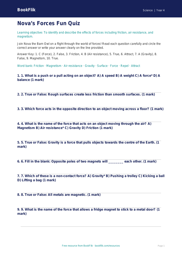 Free Forces Quiz | Class 4 | Science | BookFlik worksheet preview — Science Forces