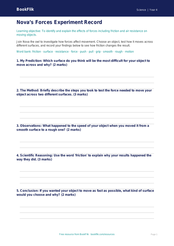 Free Forces Template | Class 4 | Science | BookFlik worksheet preview — Science Forces