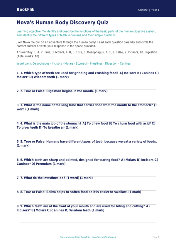 Science human body quiz class 4 core worksheet preview — Science Human Body