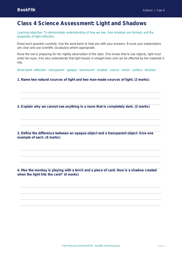Free Light Assessment | Class 4 | Science | BookFlik worksheet preview — Science Light