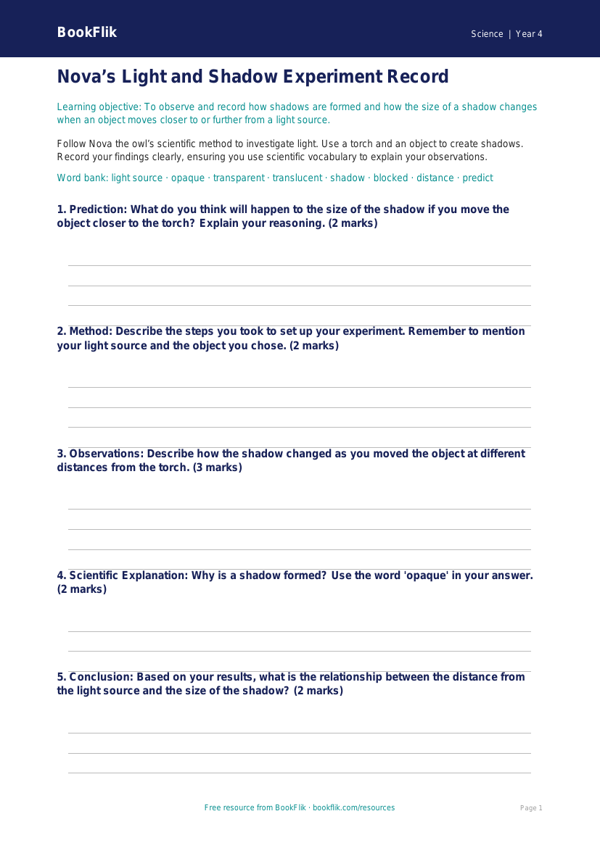 Free Light Template | Class 4 | Science | BookFlik worksheet preview — Science Light