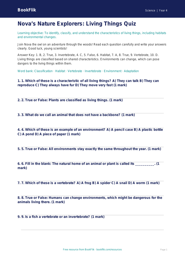 Science living things quiz class 4 core worksheet preview — Science Living Things