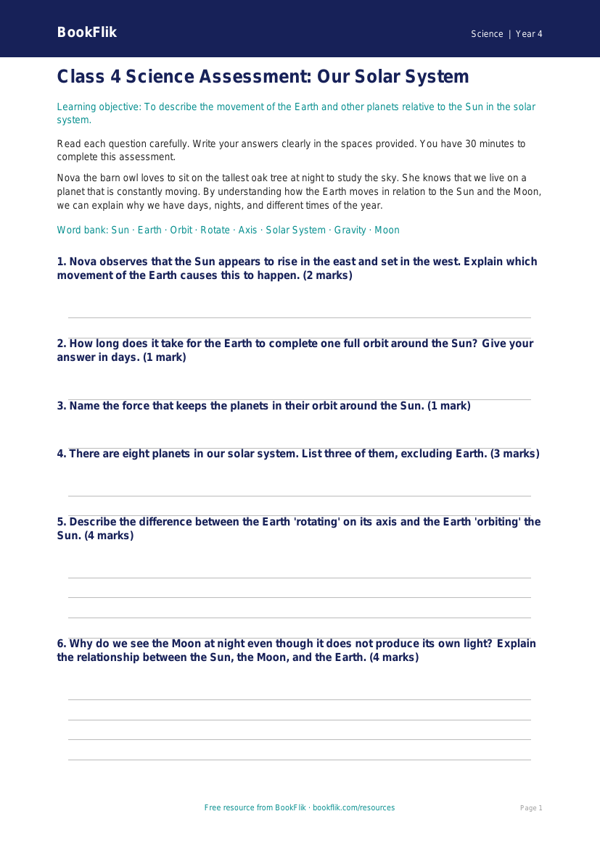 Free Space Assessment | Class 4 | Science | BookFlik worksheet preview — Science Space