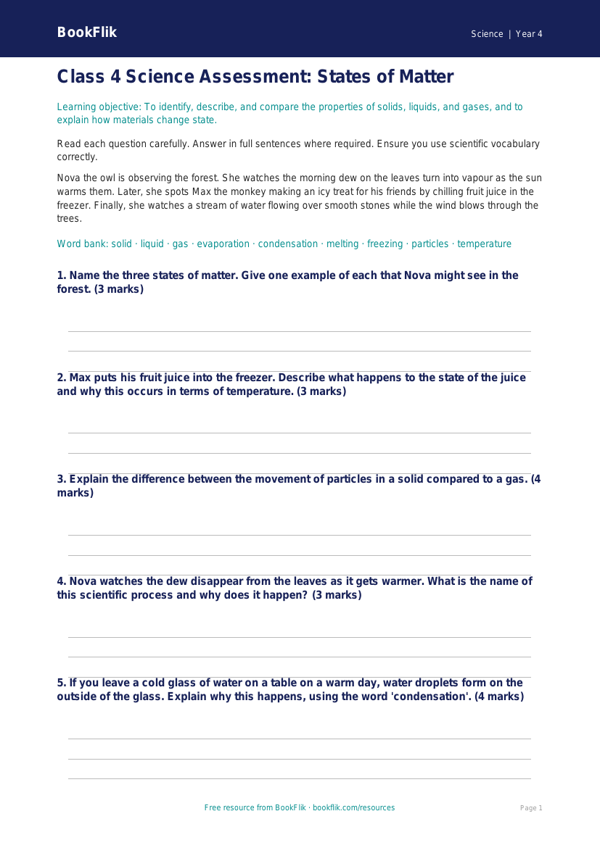 Free States Of Matter Assessment | Class 4 | Science | BookFlik worksheet preview — Science States Of Matter
