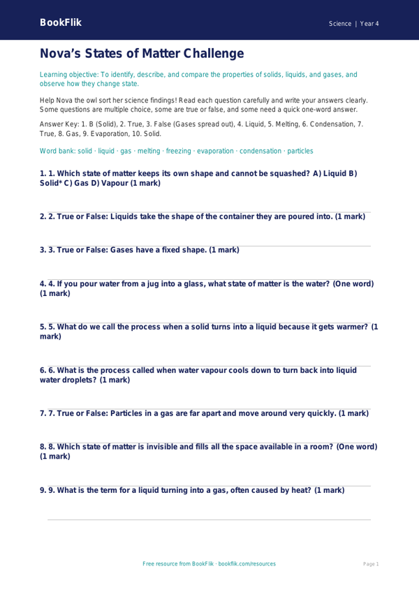 Free States of Matter Quiz | Class 4 | Science | BookFlik worksheet preview — Science States Of Matter