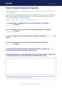 Free Animals Activity Sheet | Class 4 | Spanish | BookFlik