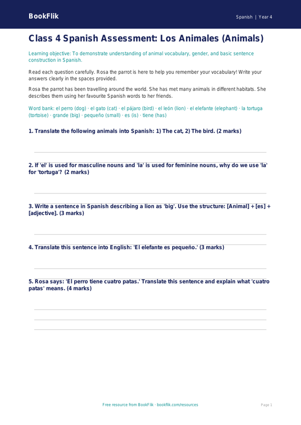Free Spanish Animals Worksheet | Class 4 | BookFlik worksheet preview — Spanish Animals