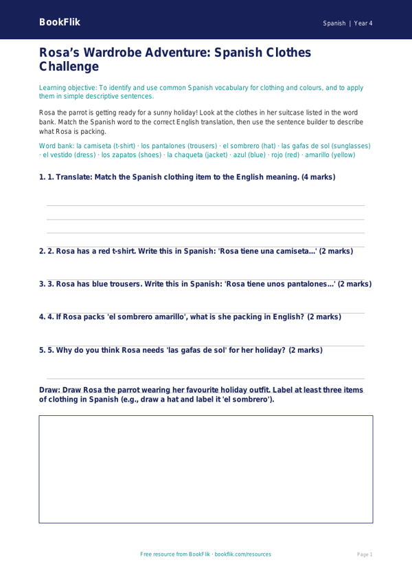Free Spanish Clothes Activity Sheet | Class 4 | BookFlik worksheet preview — Spanish Clothes