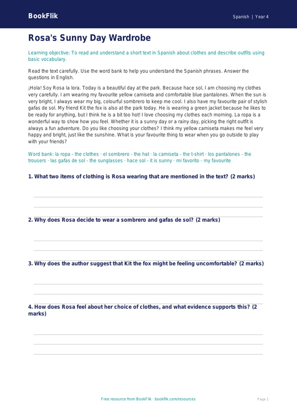 Free Spanish Clothes Comprehension | Class 4 | BookFlik worksheet preview — Spanish Clothes