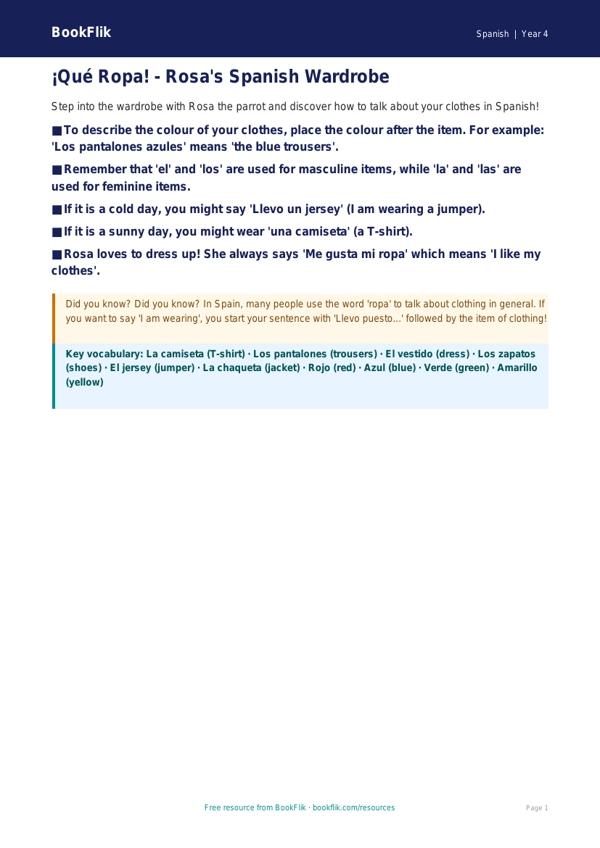 Spanish clothes poster class 4 core worksheet preview — Spanish Clothes