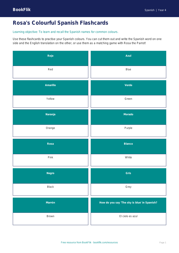Free Spanish Colours Flashcards for Class 4 CBSE NCERT worksheet preview — Spanish Colours
