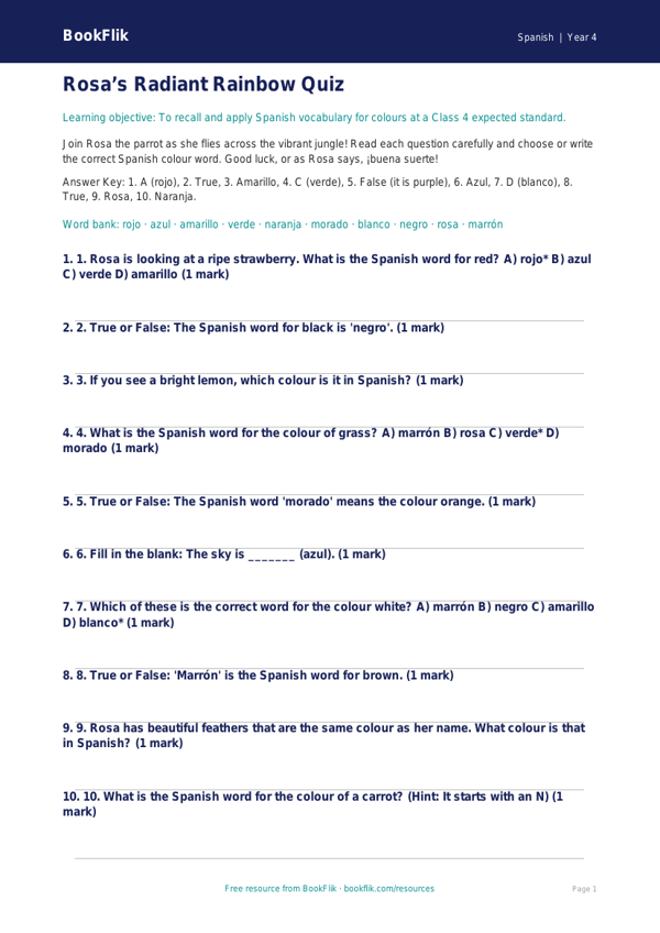 Colours Quiz for Class 4 | Learn Spanish Colours | BookFlik worksheet preview — Spanish Colours