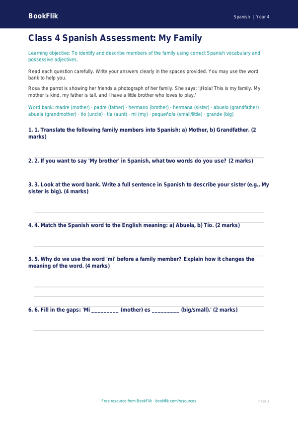 Free Family Assessment | Class 4 | Spanish | BookFlik worksheet preview — Spanish Family