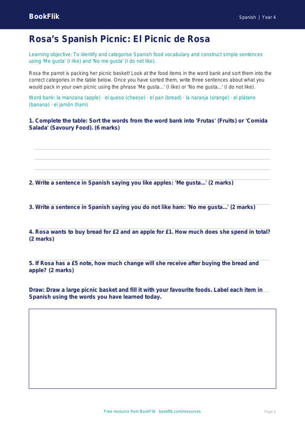 Spanish food activity sheet class 4 core worksheet preview — Spanish Food