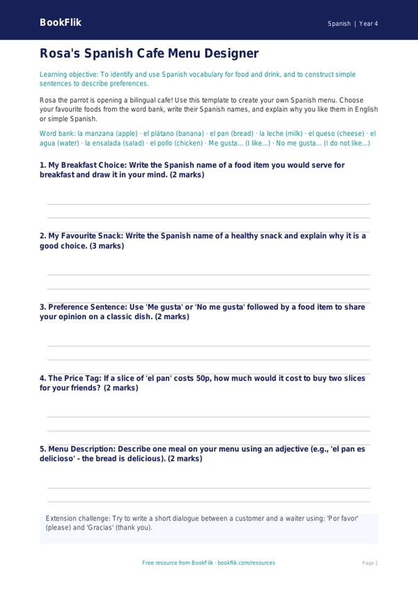 Spanish food template class 4 core worksheet preview — Spanish Food
