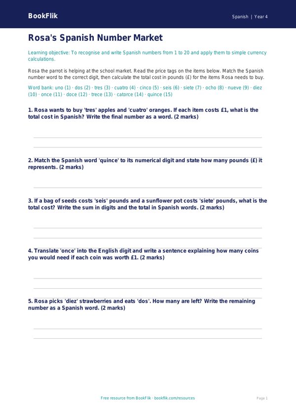 Free Spanish Numbers Activity Sheet | Class 4 | BookFlik worksheet preview — Spanish Numbers