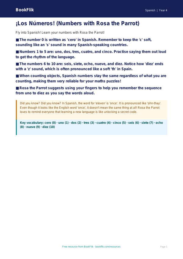 Free Spanish Numbers Poster for Class 4 | CBSE NCERT worksheet preview — Spanish Numbers