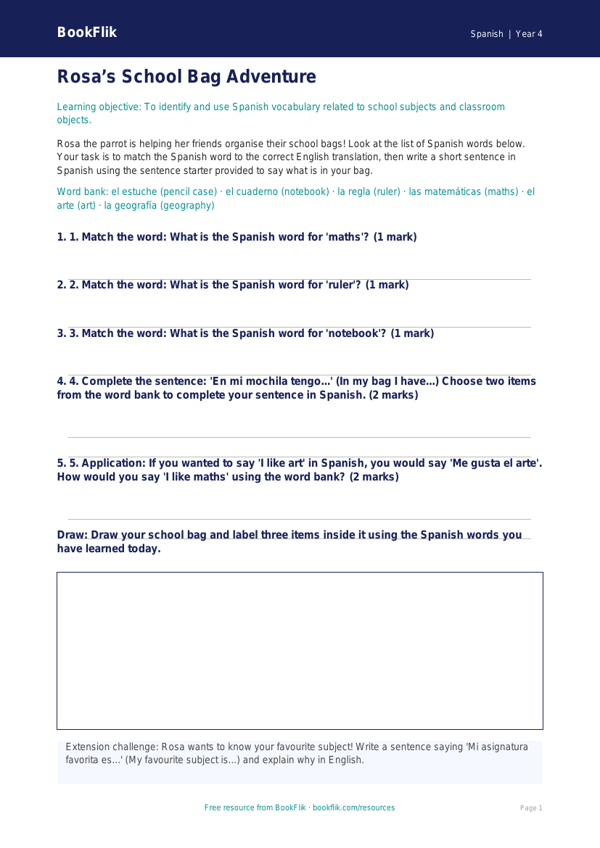 Spanish school activity sheet class 4 core worksheet preview — Spanish School