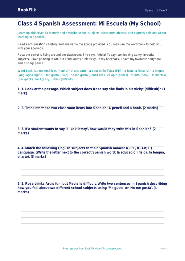 Spanish school assessment class 4 core worksheet preview — Spanish School