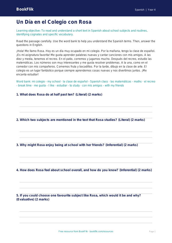 Free Spanish School Vocabulary Comprehension | Class 4 | BookFlik worksheet preview — Spanish School