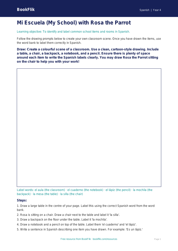 Free Spanish School Vocabulary Worksheet | Class 4 | BookFlik worksheet preview — Spanish School