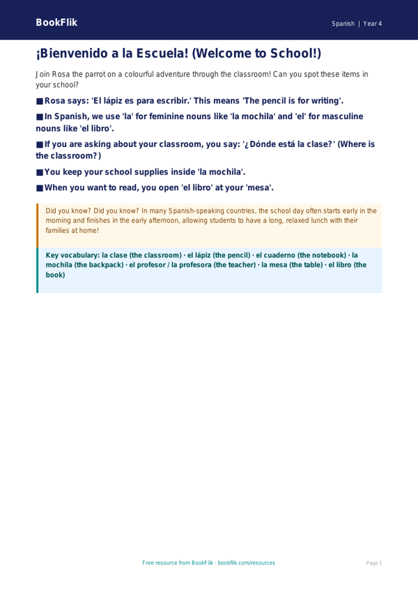 Free Spanish School Vocabulary Poster | Class 4 | BookFlik worksheet preview — Spanish School