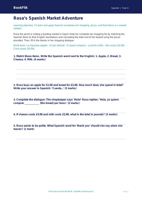 Spanish shopping activity sheet class 4 core worksheet preview — Spanish Shopping