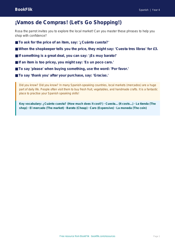 Free Spanish Shopping Poster | Class 4 | BookFlik worksheet preview — Spanish Shopping