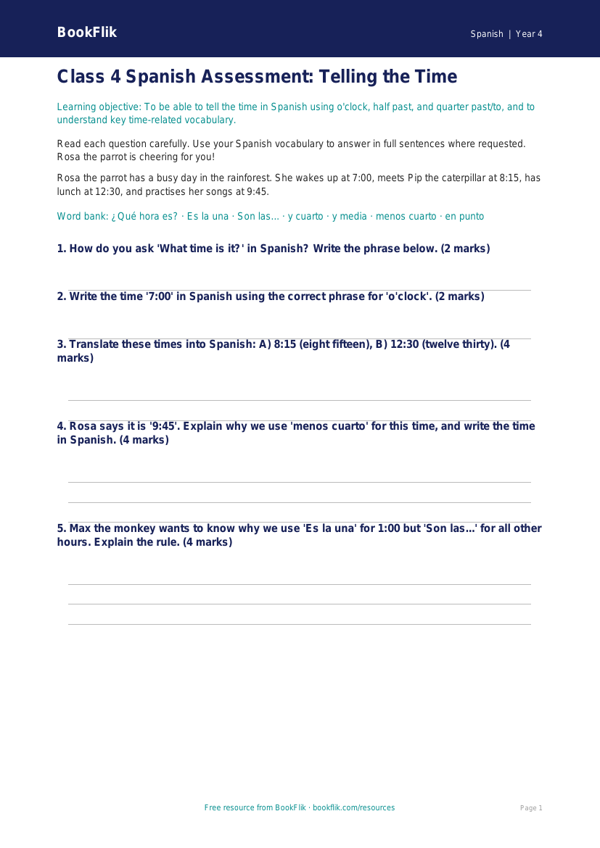 Spanish telling the time assessment class 4 core worksheet preview — Spanish Telling The Time