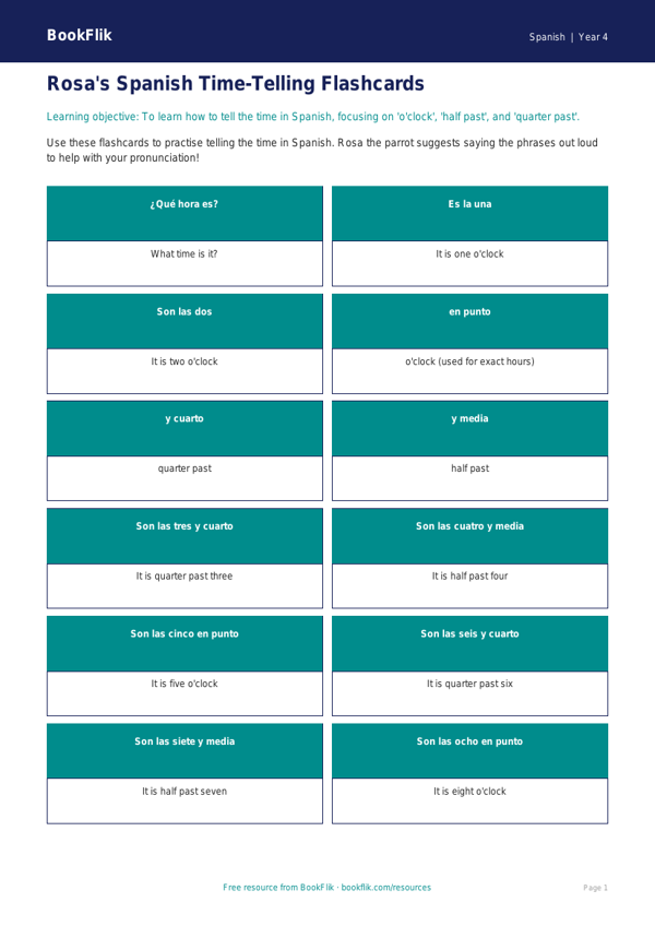Free Telling The Time Flashcards | Class 4 Spanish | BookFlik worksheet preview — Spanish Telling The Time