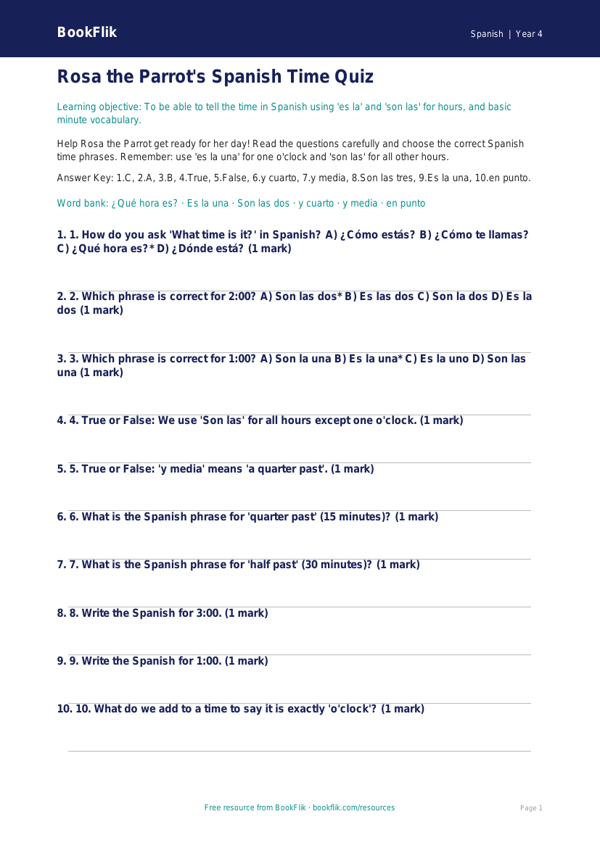 Free Telling The Time Quiz | Class 4 Spanish | BookFlik worksheet preview — Spanish Telling The Time