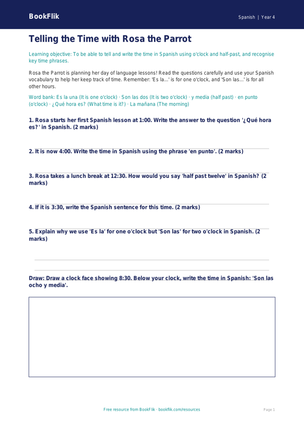 Free Telling The Time Worksheet | Class 4 Spanish | BookFlik worksheet preview — Spanish Telling The Time