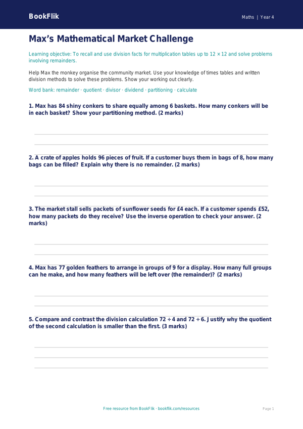 Free Maths Division Worksheet | Year 4 Greater Depth | BookFlik worksheet preview — Maths Maths Divison